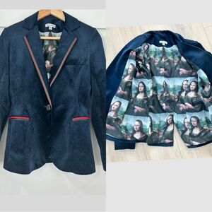 OO LA LA Velvet blazer jacket navy blue size 6 Mona Lisa pattern lined